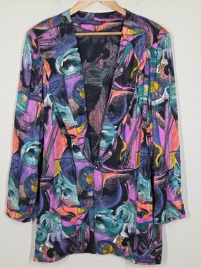 Vtg Abstract Art To Wear Maximalist Colorful Artsy Single Button Blazer Jacket